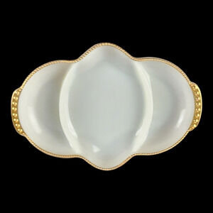 Vintage Fire King Oven Ware Milk Glass White Gold Trim Divided Relish Dish USA